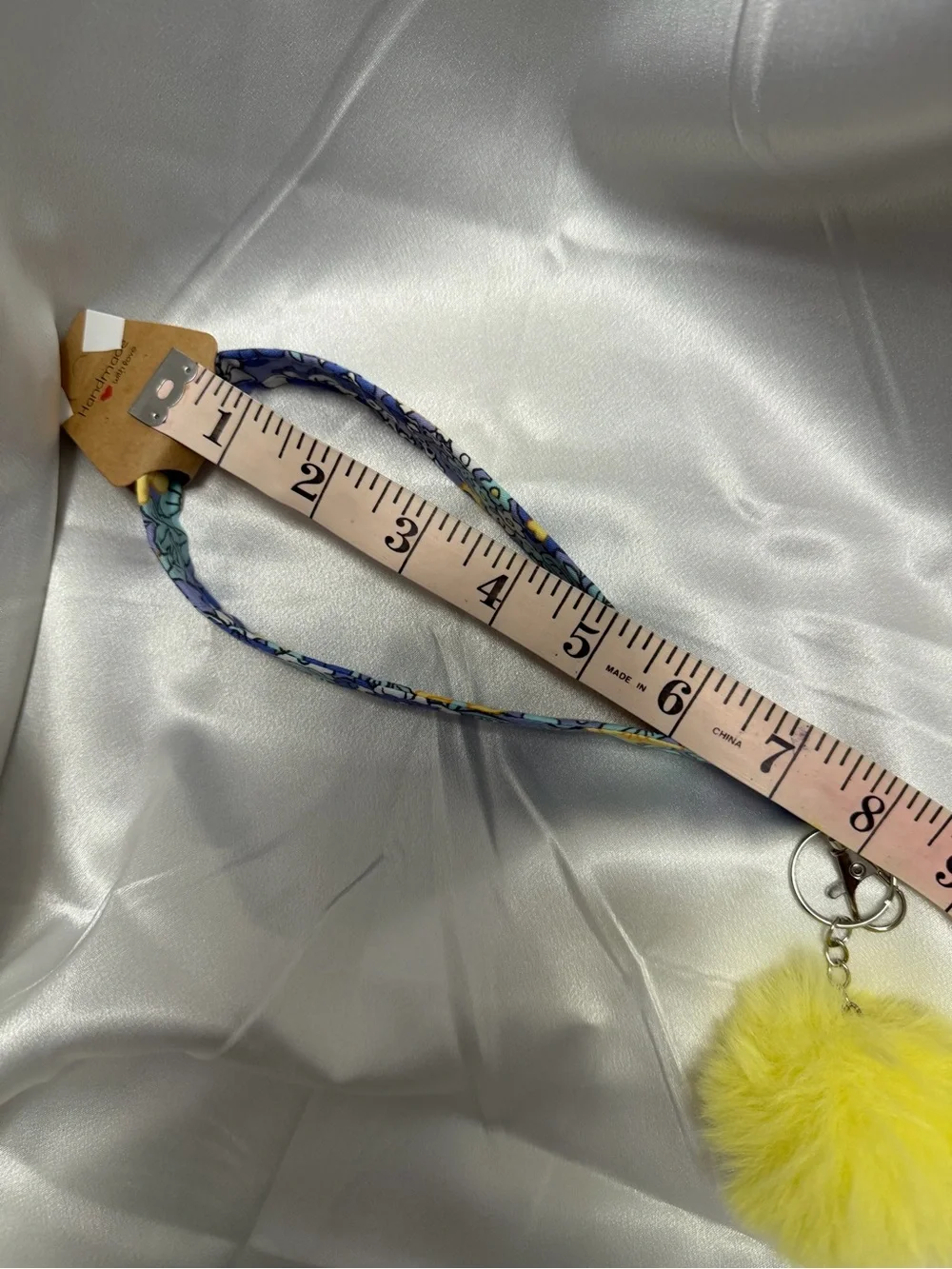 Handmade Blue and Yellow Floral Wristlet Keychain with Yellow Pompom